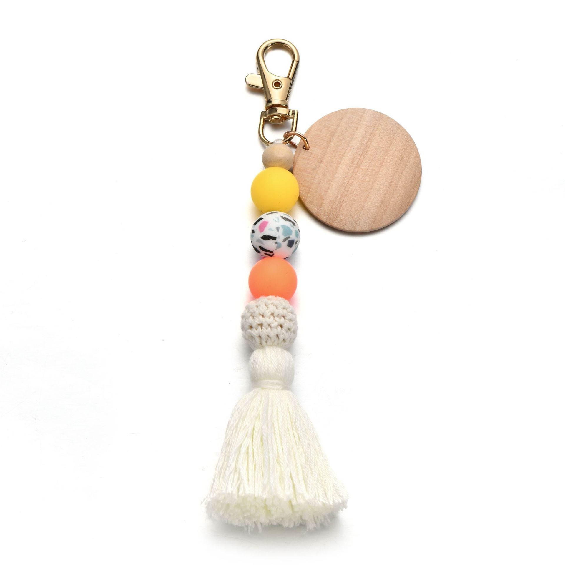 Wholesale Fluorescent Silicone Bead Wood Chip Tassel Keychain